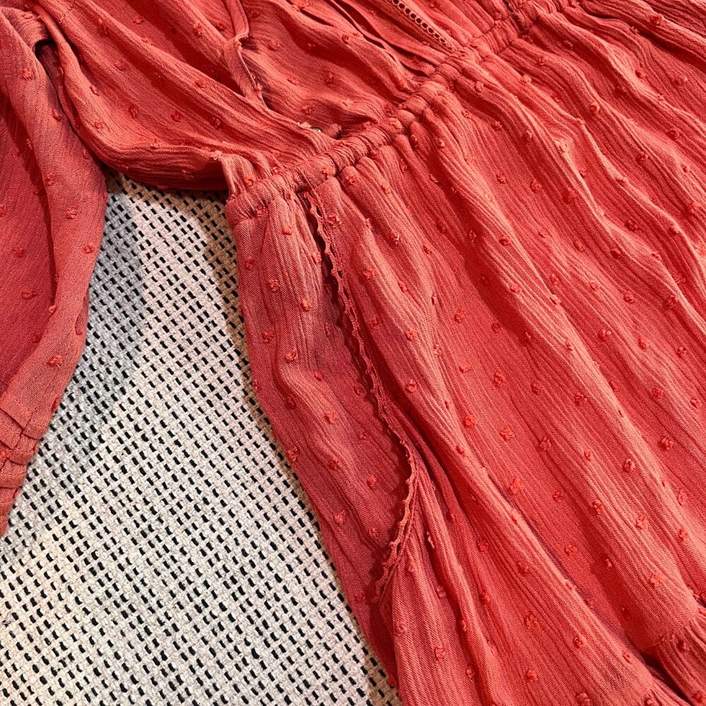 Kivari Boho Maxi Dress Rusty Orange Red Balloon Sleeve Tiered Pockets Size 6 - Picture 9 of 14